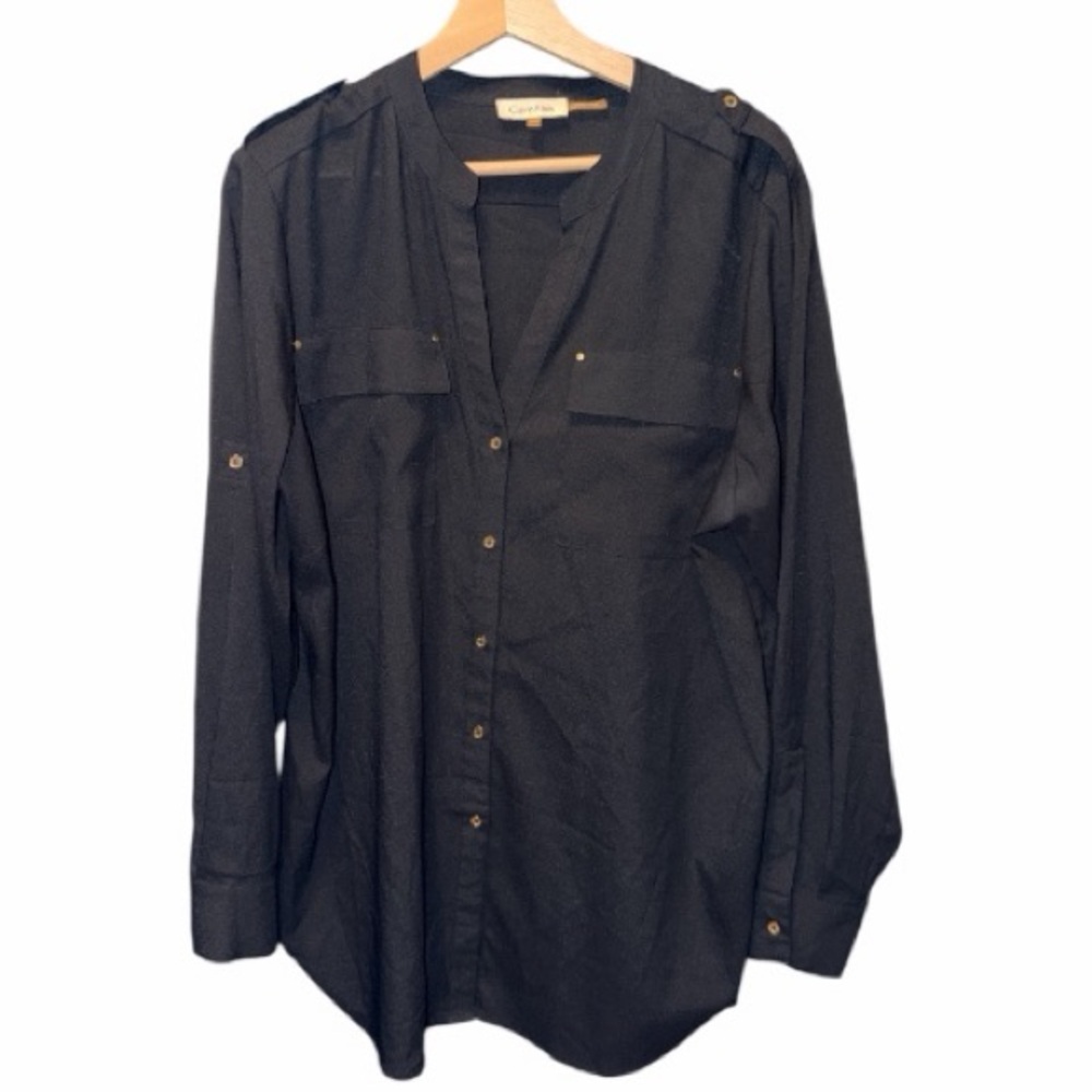Calvin Klein Women's Textured Roll Tab Button Down Shirt